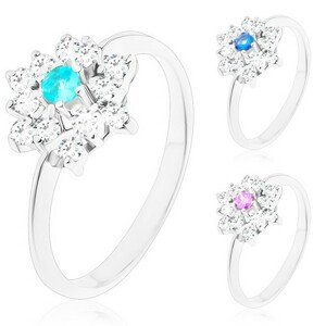 Prsten stříbrné barvy, zářivý zirkonový květ s barevným středem - Velikost: 58, Barva: Modrá světlá