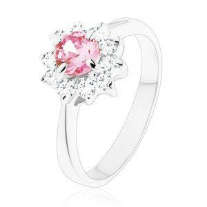 Lesklý prsten se zirkonovým kvítkem v růžové a čiré barvě, zúžená ramena - Velikost: 52
