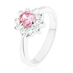 Lesklý prsten se zirkonovým kvítkem v růžové a čiré barvě, zúžená ramena - Velikost: 51