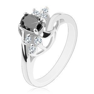 Lesklý prsten se zahnutými rameny, černý ovál, blýskavé čiré zirkonky, obloučky - Velikost: 50