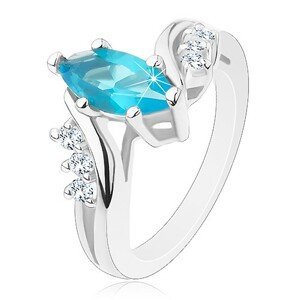 Třpytivý prsten s modrým zrnem, rozdělená ramena s průzračnými zirkonky - Velikost: 49