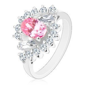 Prsten ve stříbrném odstínu, broušený ovál růžové barvy, čiré zirkonové oblouky - Velikost: 51