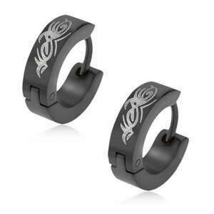 Kruhové náušnice z oceli 316L - lesklé kruhy v černém odstínu, ornament tribal