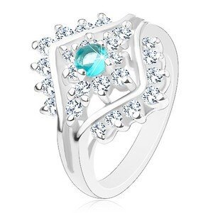 Prsten s úzkými rameny, kulatý zirkon akvamarínové barvy, čiré zirkonky - Velikost: 50