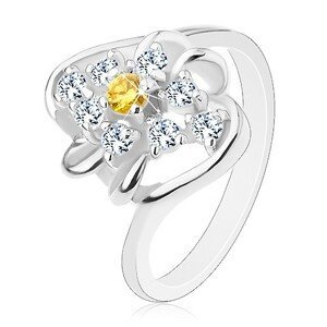 Prsten se zahnutými rameny, žlutý kulatý zirkon s čirým lemováním, obloučky - Velikost: 52