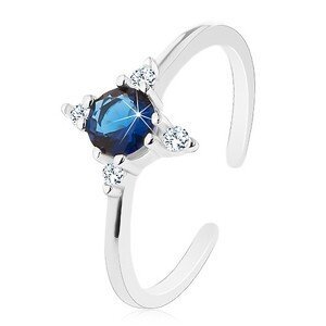 Stříbrný prsten 925, úzká rozdělená ramena, tmavomodrý zirkon, čiré zirkonky - Velikost: 60
