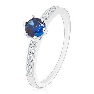 Prsten - stříbro 925, kulatý zirkon v tmavě modrém odstínu, transparentní linie - Velikost: 54