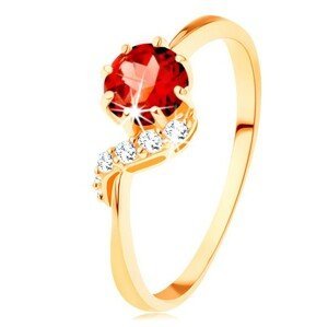 Zlatý prsten 585 - kulatý granát červené barvy, blýskavá vlnka - Velikost: 50