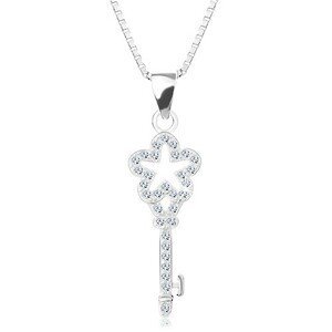 Stříbrný 925 náhrdelník, řetízek s přívěskem, zirkonový klíček s kvítkem