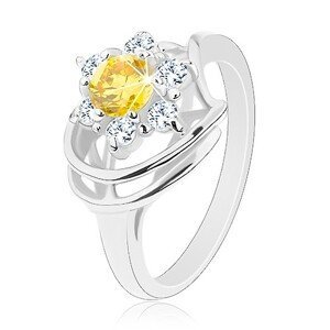 Lesklý prsten ve stříbrném odstínu, žluto-čirý zirkonový květ, obloučky - Velikost: 50