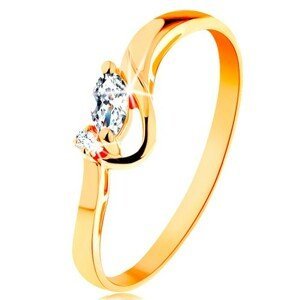 Zlatý prsten 585 - čiré broušené zrnko a kulatý zirkonek, lesklý oblouk - Velikost: 58