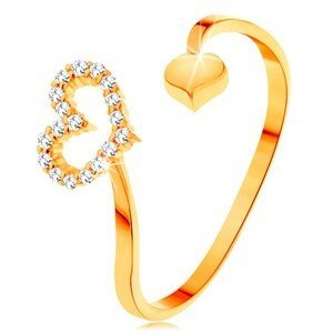 Zlatý prsten 585 - zvlněná ramena ukončená obrysem srdce a plným srdíčkem - Velikost: 50