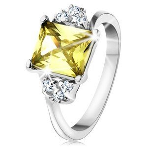 Prsten ve stříbrném odstínu, obdélníkový zirkon ve žlutozelené barvě - Velikost: 54