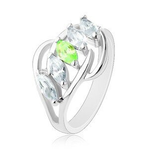 Prsten s rozdělenými rameny, lesklé obloučky, pás zrnek čiré a zelené barvy - Velikost: 51