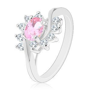 Prsten ve stříbrném odstínu, růžový zirkonový ovál, čiré oblouky - Velikost: 59
