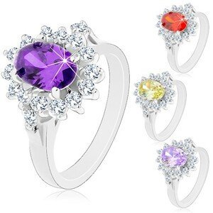 Blýskavý prsten ve stříbrné barvě, velký oválný květ ze zirkonů - Velikost: 49, Barva: Světle fialová