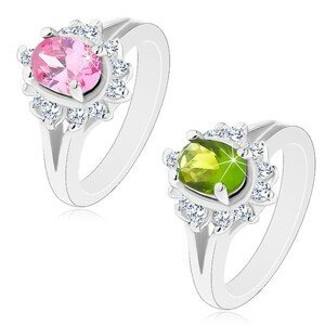 Prsten stříbrné barvy, rozdělená ramena, zářivý kvítek s oválným středem - Velikost: 49, Barva: Zelená
