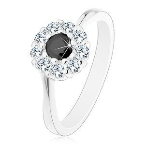 Lesklý prsten ve stříbrném odstínu, zirkonový kvítek s černým středem - Velikost: 51