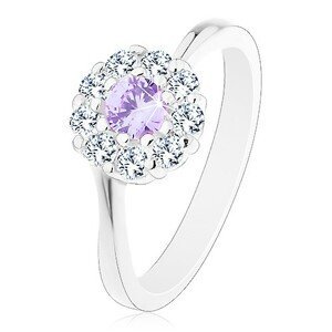 Prsten ve stříbrné barvě, zirkonový kvítek se světle fialovým středem - Velikost: 51