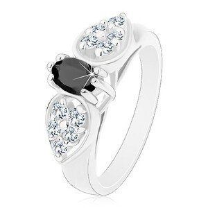 Lesklý prsten ve stříbrném odstínu, blýskavá mašlička s černým oválem - Velikost: 57