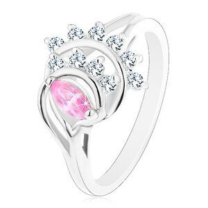 Prsten stříbrné barvy, růžové zrnko, oblouky z čirých zirkonů - Velikost: 62