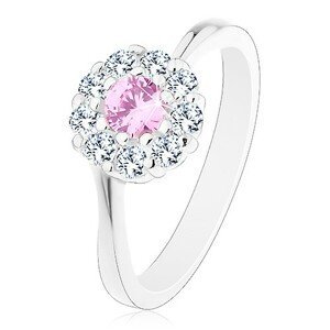 Prsten ve stříbrné barvě, růžovo-čirý zirkonový kvítek, lesklá ramena - Velikost: 51