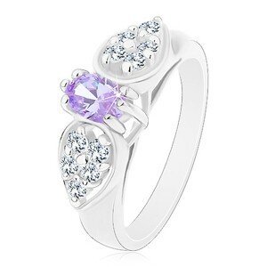 Prsten ve stříbrném odstínu, blýskavá mašlička se světle fialovým oválem - Velikost: 52