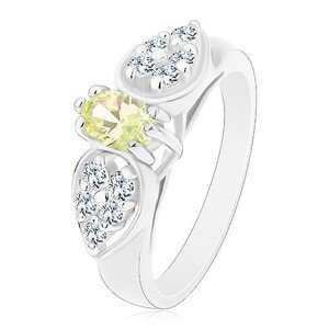 Lesklý prsten ve stříbrném odstínu, mašlička se světle zeleným oválem - Velikost: 55