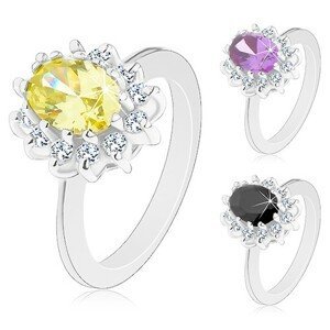 Prsten stříbrné barvy, zářivý kvítek s barevným oválným středem - Velikost: 52, Barva: Černá