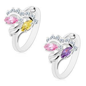 Prsten stříbrné barvy, dva barevné zrnkovité zirkony, čiré oblouky - Velikost: 54, Barva: Růžovo-fialová
