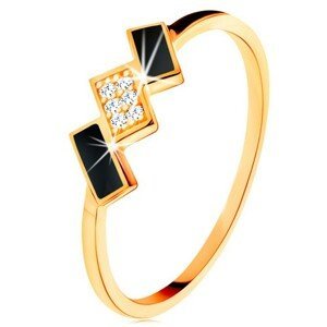 Zlatý prsten 585 - šikmé obdélníky zdobené černou glazurou a zirkony - Velikost: 49