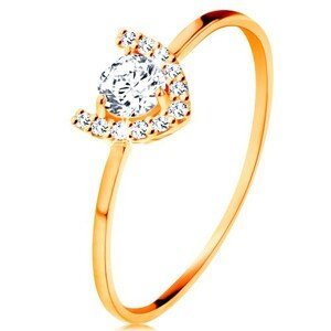 Prsten ve žlutém 14K zlatě - třpytivá podkova, velký kulatý zirkon - Velikost: 50