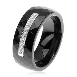 Prsten z černé keramiky s broušeným povrchem, tenký ocelový pás, zirkony - Velikost: 58