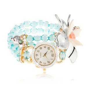 Náramkové hodinky z průhledných modrých korálků, ciferník se zirkony, velký květ