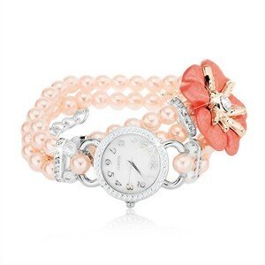 Náramkové hodinky, ciferník se zirkony, korálkový růžový náramek, květ