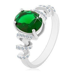 Zásnubní rhodiovaný prsten, stříbro 925, oválný zelený zirkon, blýskavé spirály - Velikost: 62