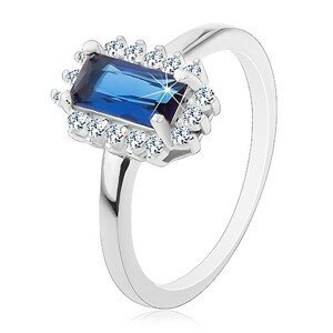 Rhodiovaný prsten, stříbro 925, obdélníkový modrý zirkon, čirý zirkonový lem - Velikost: 59
