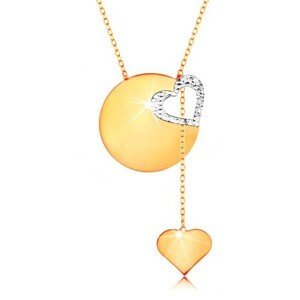 Zlatý náhrdelník 585 - jemný řetízek, lesklý plochý kruh, kontura srdce z bílého zlata