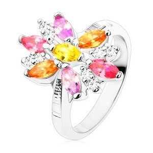Prsten ve stříbrném odstínu, velký květ s barevnými a čirými lupínky - Velikost: 49