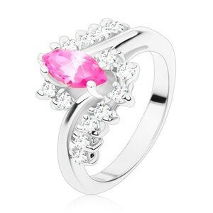 Prsten ve stříbrném odstínu s růžovým zrnkem a čirými zirkony, zahnutá ramena - Velikost: 49