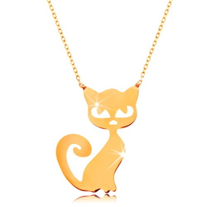 Zlatý 14K náhrdelník - plochý přívěsek - kočička, jemný blýskavý řetízek