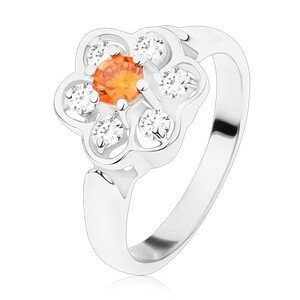 Prsten ve stříbrném odstínu, blýskavý čirý kvítek s oranžovým středem - Velikost: 54
