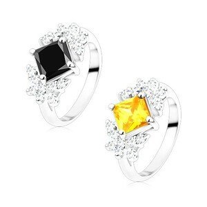 Prsten ve stříbrném odstínu, barevný zirkonový čtverec, čiří motýli - Velikost: 57, Barva: Žlutá
