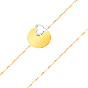 Zlatý 14K náramek - jemný řetízek, lesklý plochý kruh, kontura srdce z bílého zlata