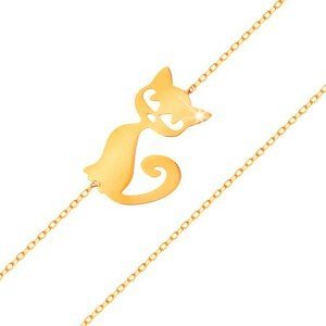 Zlatý náramek 585 - jemný blýskavý řetízek, plochý přívěsek - kočička