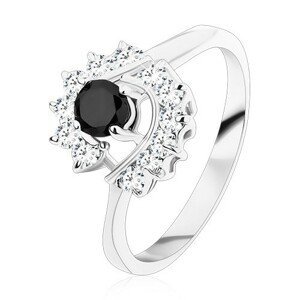 Prsten se zúženými rameny, kulatý černý zirkon, čiré zirkonové oblouky - Velikost: 49