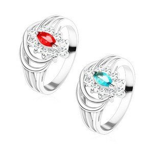 Lesklý prsten s rozvětvenými rameny, barevné zirkonové zrnko, obloučky - Velikost: 55, Barva: Červená