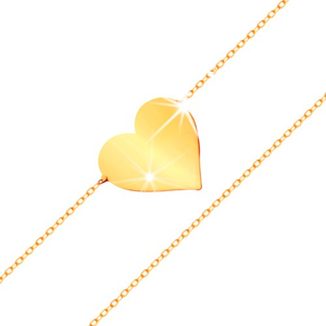 Náramek ve žlutém 14K zlatě - zrcadlově lesklé ploché srdce, blýskavý tenký řetízek