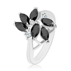Prsten zdobený broušenými zrnky černé barvy, dva kulaté čiré zirkony - Velikost: 49