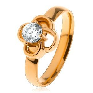 Lesklý ocelový prsten ve zlatém odstínu, obrys kvítku s čirým zirkonem - Velikost: 49